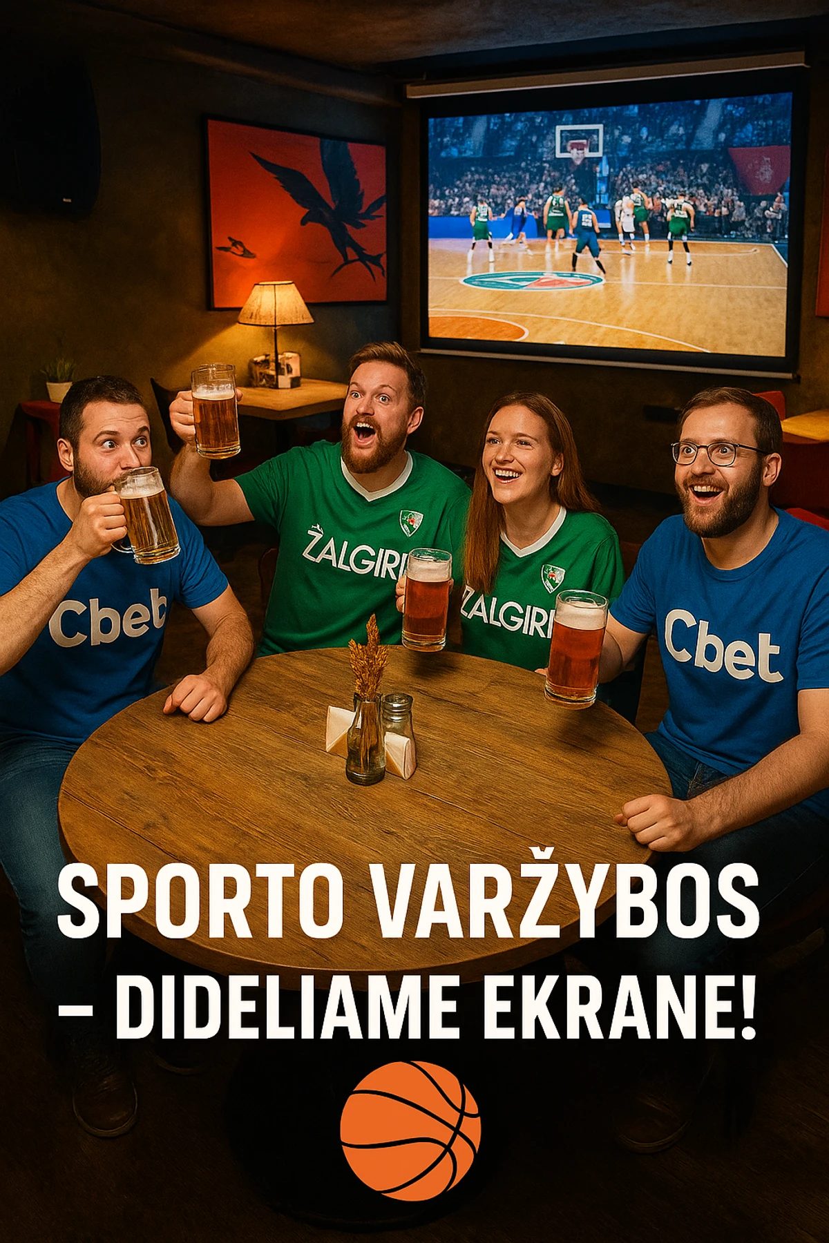 Plakatas: draugų kompanija su alumi žiūri krepšinį dideliame ekrane — „Sporto varžybos dideliame ekrane!“
